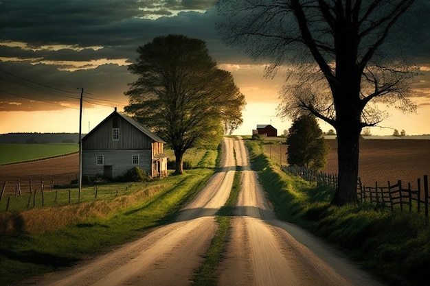 Un camino rural con una casa al fondo.