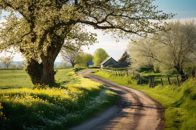 un camino rural con una casa de campo al fondo