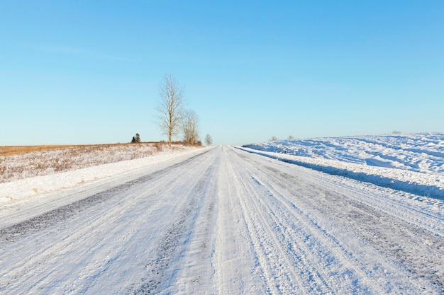 Camino rural cubierto de nieve construido a través de campos. algunos árboles crecen al borde de la carretera. paisaje de invierno