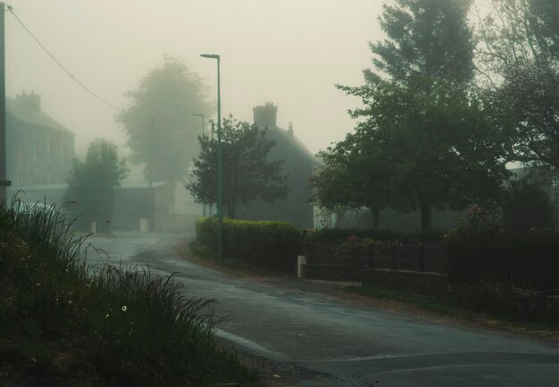 Camino rural con niebla en primavera