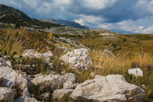 Camino rural con rocas en las montañas