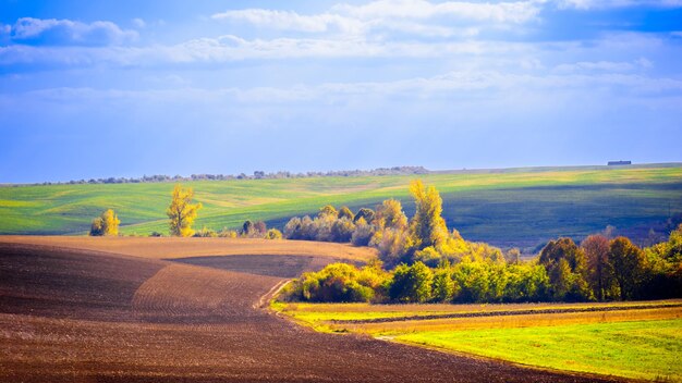 Camino rural a través de campos montañosos paisaje otoñal