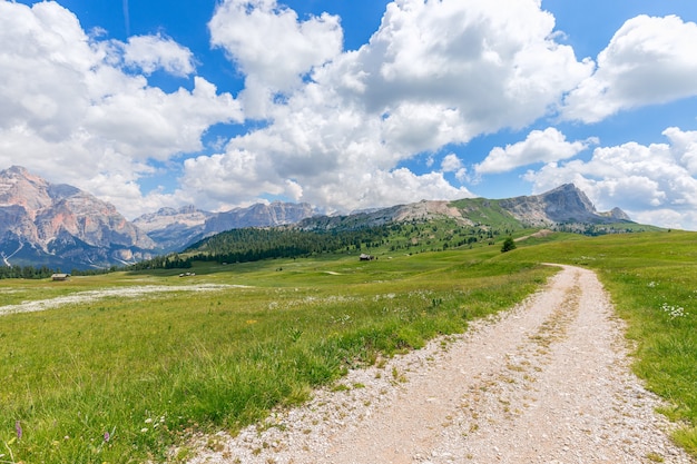 Camino rural en verde valle alpino con vistas a los Dolomitas italianos.