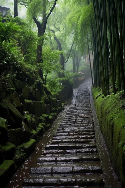 un camino en la selva con árboles de bambú y musgo