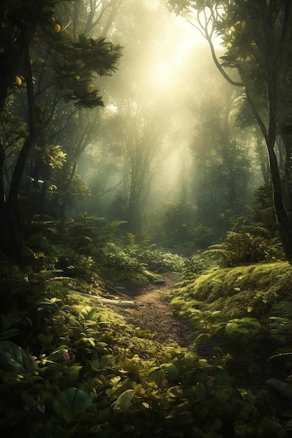 Un camino en la selva con el sol brillando sobre él.