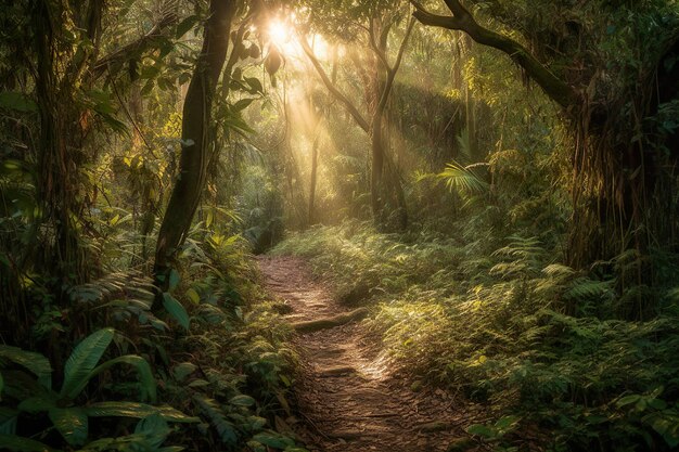 Foto un camino en la selva con el sol brillando a través de los árboles