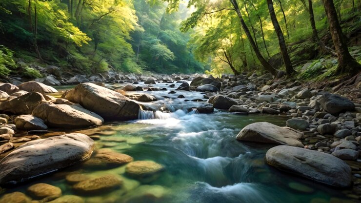 Un camino sereno de senderismo por el río que serpentea a través de un denso bosque