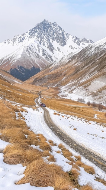 Un camino serpentea a través de un paso de montaña nevado