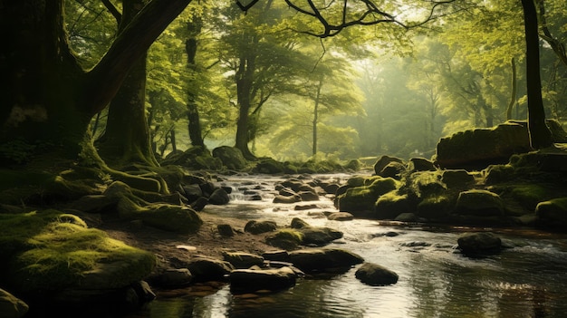 Un camino serpenteante a lo largo de un río cubierto de musgo en un bosque tranquilo