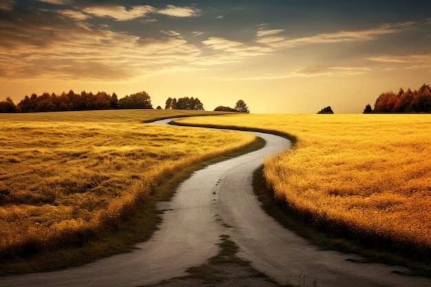 Camino serpenteante que atraviesa un prado amarillo iluminado por el sol en el campo