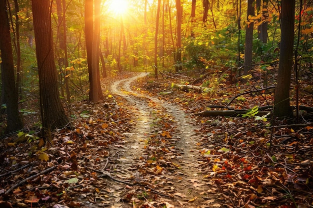 Un camino sinuoso del bosque cubierto de hojas caídas que conduce a un claro iluminado por el sol