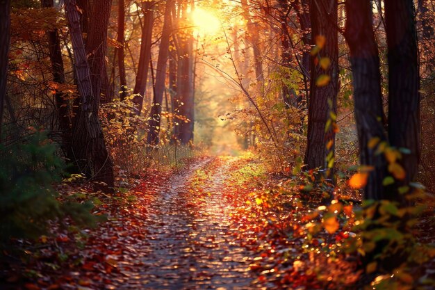 Un camino sinuoso del bosque cubierto de hojas caídas que conduce a un claro iluminado por el sol