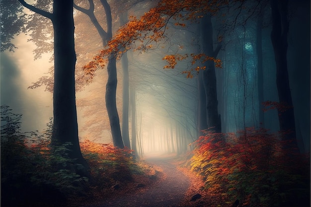Camino sinuoso del bosque de otoño en alta resolución calma soledad camina al aire libre solo con naturaleza niebla rocío arbustos pintura papel tapiz diseño flora temporada ilustración AI