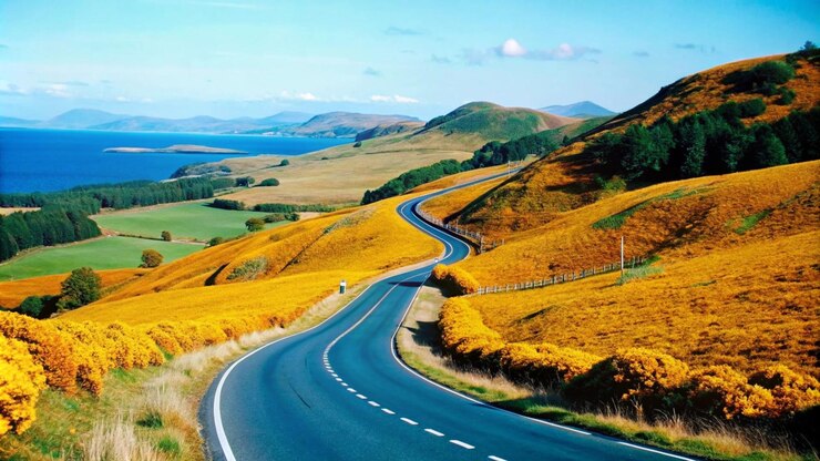 un camino sinuoso con una carretera sinuosa y un campo con flores amarillas