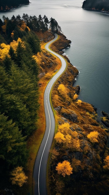 un camino sinuoso está al lado de un lago y un camino que tiene una curva