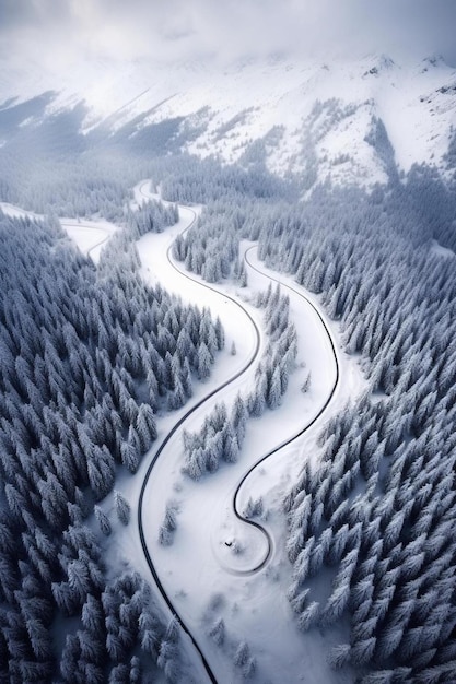 un camino sinuoso en la nieve con una carretera sinuosa en el medio de ella