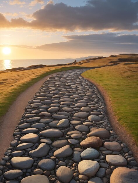 Foto un camino sinuoso de piedras lisas iluminado por el sol poniente que se extiende hasta el horizonte.