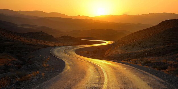 Foto un camino sinuoso con una puesta de sol en el fondo