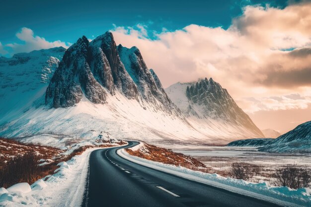 Camino sinuoso rodeado de picos montañosos nevados IA generativa