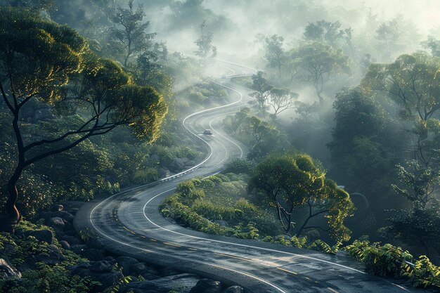 Un camino sinuoso a través de un bosque de niebla