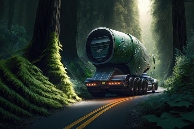 Camino sinuoso a través de un denso bosque con un camión futurista persiguiéndolo