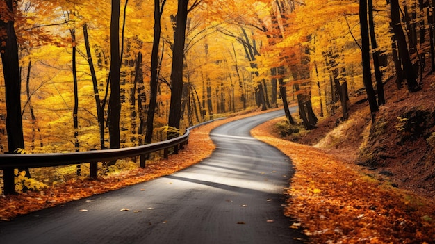 un camino sinuoso a través de un pintoresco bosque de otoño