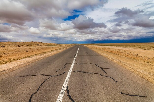 Camino solitario en el desierto bajo un cielo nublado