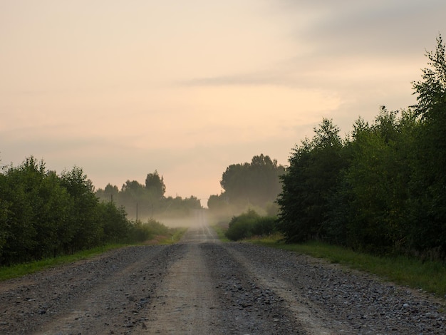 Camino de tierra al amanecer adentrándose en la distancia mañana en la niebla