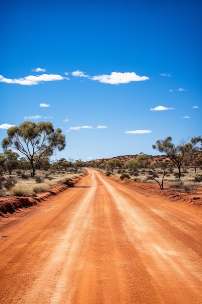 Foto un camino de tierra con árboles y un cielo azul con nubes