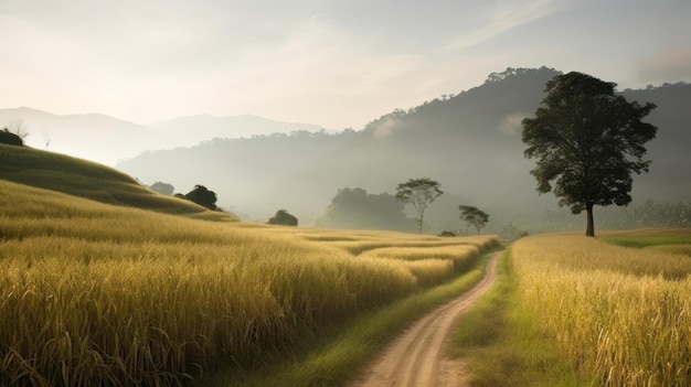 Un camino de tierra atraviesa un campo de hierba y montañas.