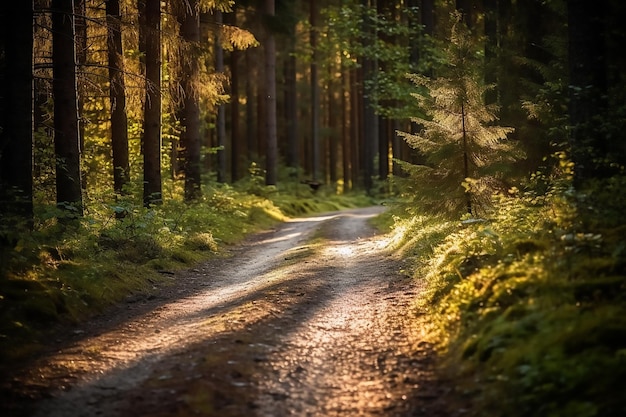 camino de tierra en un bosque con el sol brillando en el suelo