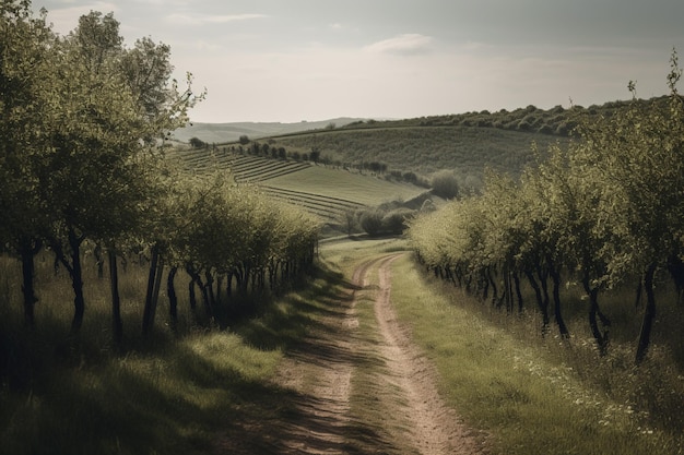 Un camino de tierra en el campo con árboles y colinas al fondo.