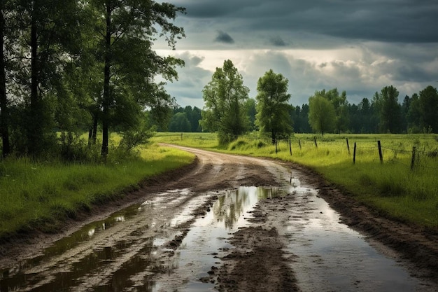 Un camino de tierra con un charco de agua