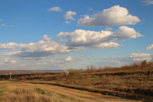 Un camino de tierra con un cielo nublado y un camino de tierra