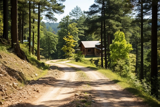 un camino de tierra conduce a una cabaña en el bosque