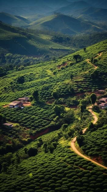 Un camino de tierra conduce a una plantación de té.