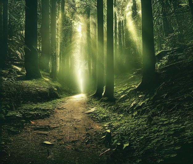 El camino de tierra conduce a través de los árboles de la ilustración 3D del bosque matutino