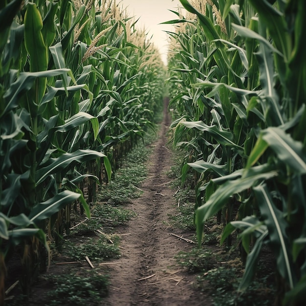 Un camino de tierra conduce a través de un campo de maíz con un camino de tierra que conduce a la izquierda