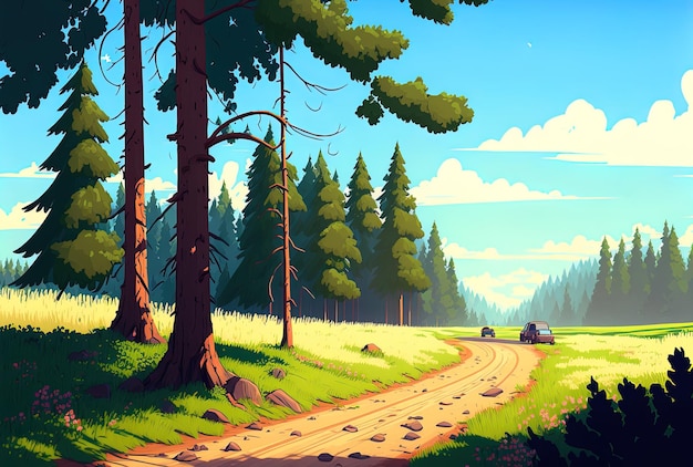 Camino de tierra de día soleado en medio del bosque con árboles en la distancia