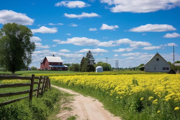 un camino de tierra frente a un campo de flores amarillas