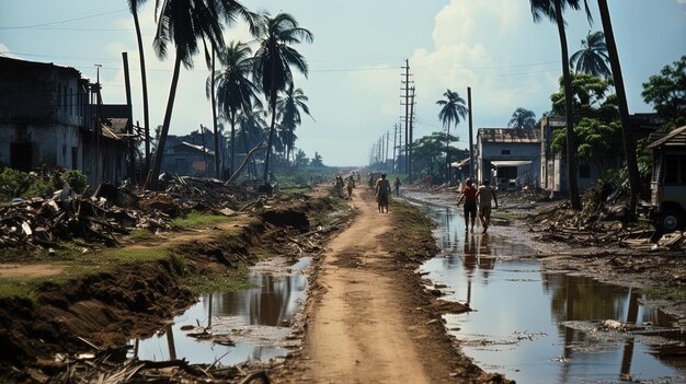 un camino de tierra con gente en él y un hombre montando una bicicleta