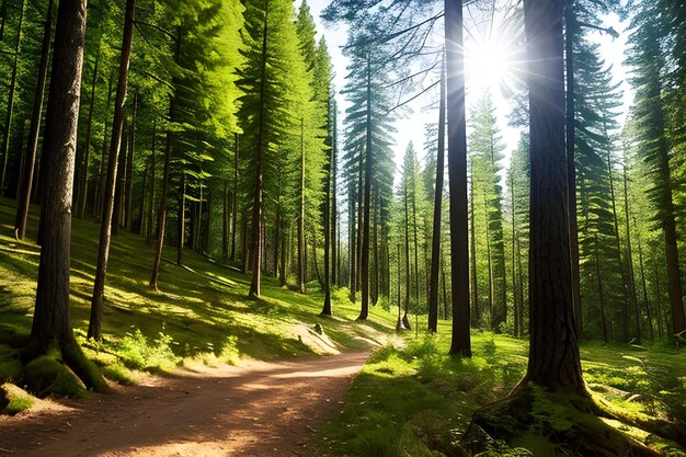 Un camino de tierra en medio de un bosque verde con muchos árboles