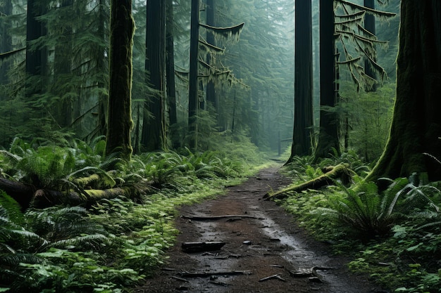 un camino de tierra en el medio de un bosque verde