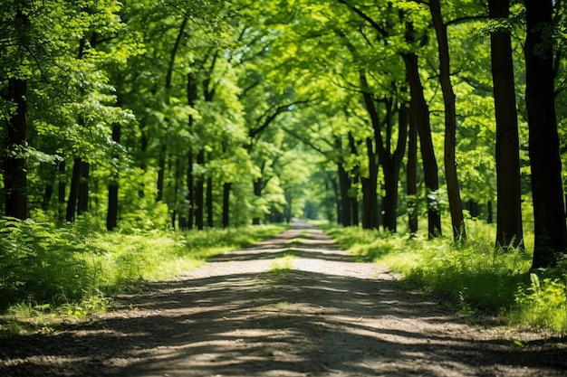 un camino de tierra en el medio de un bosque verde