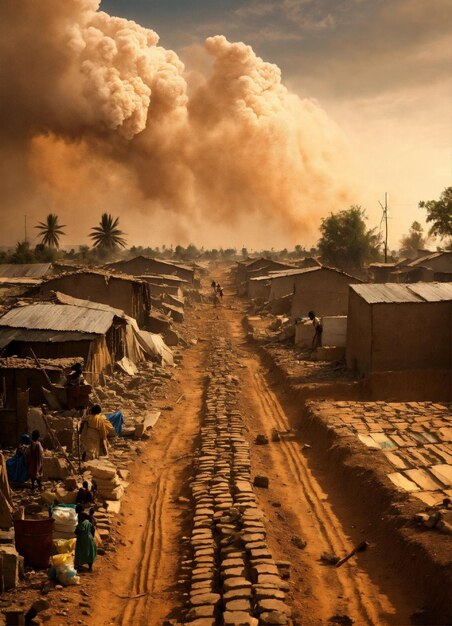 Foto un camino de tierra con un montón de casas y una gran nube de polvo en el fondo