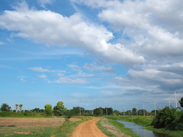 Camino de tierra del país y nubes pesadas