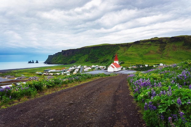 Camino de tierra que va al pueblo de Vik y su iglesia luterana en Islandia