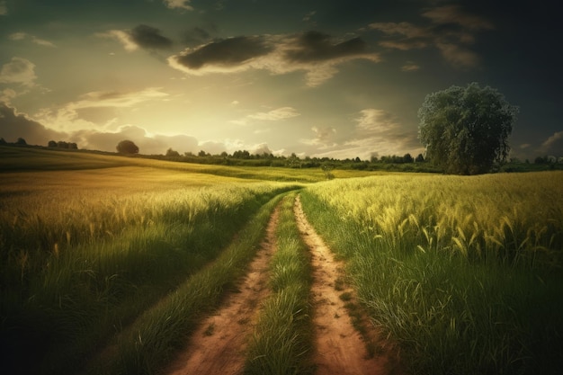 Un camino de tierra que atraviesa un exuberante campo verde IA generativa