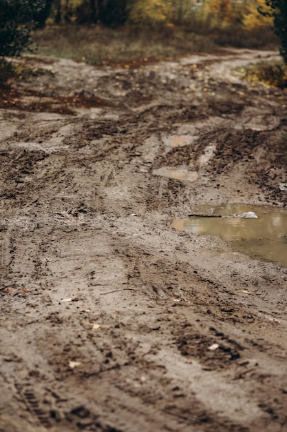 El camino de tierra sucia estaba mojado por la lluvia.