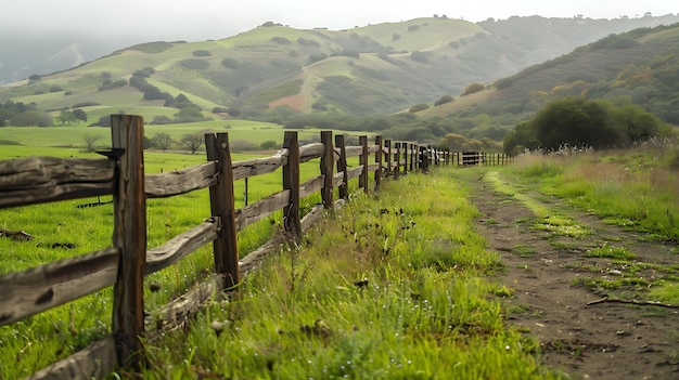 Camino de tierra a través de una tierra de rancho verde con una valla de madera rústica en primer plano y colinas en el fondo